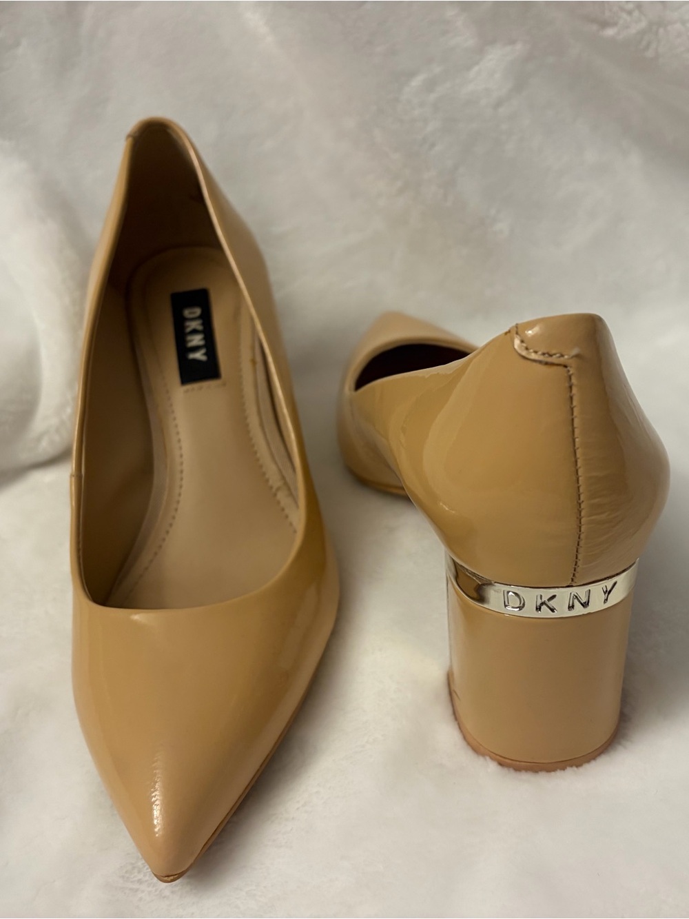 DKNY Beige Patent Leather Pointed Toe Block Heel Pumps